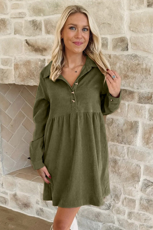 Corduroy Collared Half Button Babydoll Mini Dress